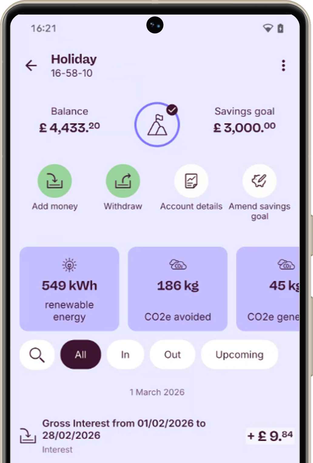 Veltrona Trust App screen showing balance, a savings goal set to £3000 for a holiday, and impact stats for co2 avoided and renewable energy created.